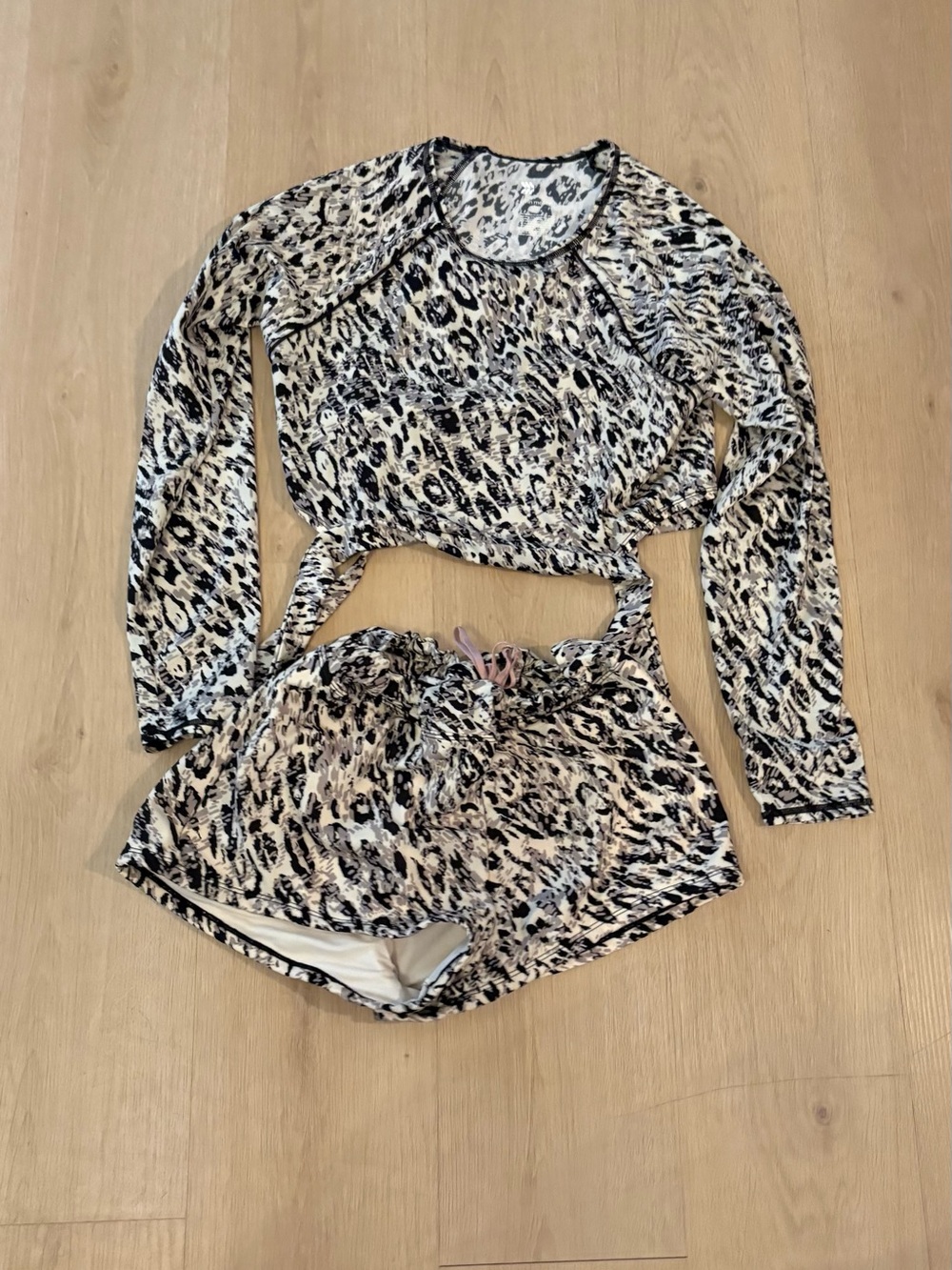 all in motion Leopard-Print Long Sleeve Top & Shorts Set - Black, Cream